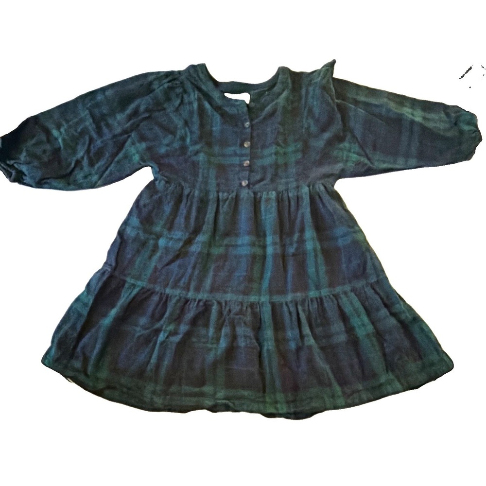 Old Navy Girls L 10/12 Blackwatch Tartan Plaid Blue Tiered Dress Long Sleeve